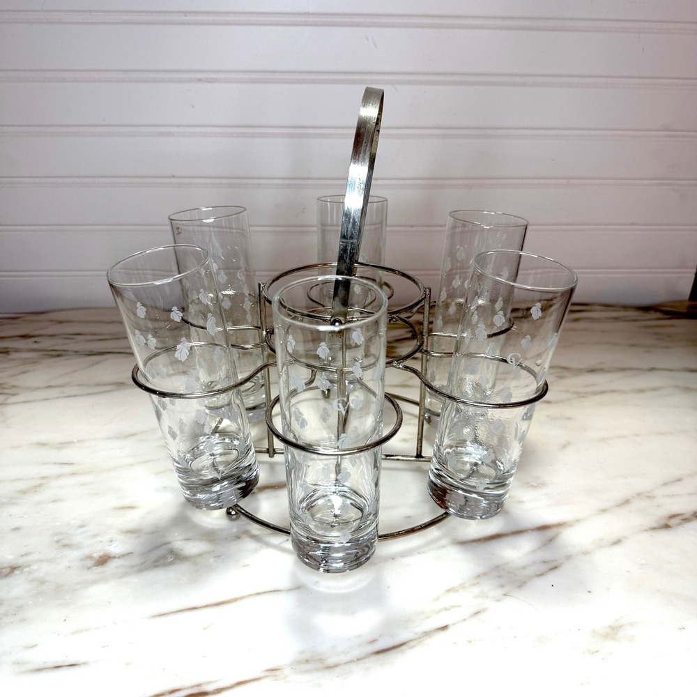 Vintage Metal Caddy w 6 Courvoisier Etched Leaf Highball Glasses CV Cocktail